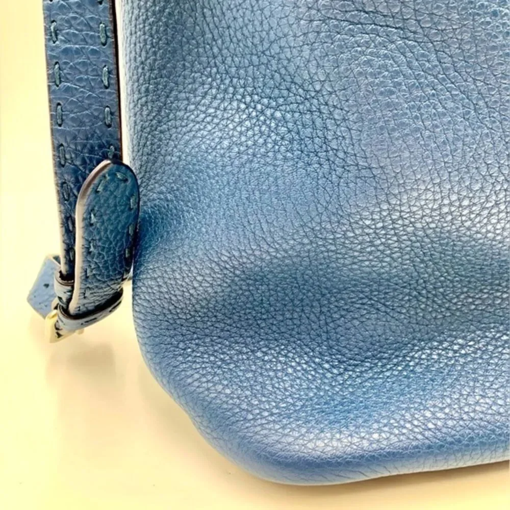Auth Fendi Cuoio Romano Blue Selleria cLeather 2way Anna Bucket Bag Hobo Shopper
